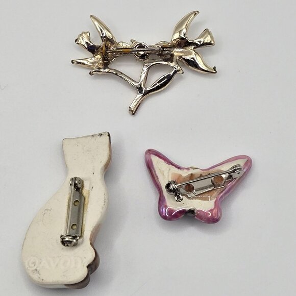 VTG AVON Brooch 3PC Set Porcelain Simease Cat Butterfly Birds Cottage MCM Whimsy - Picture 10 of 16